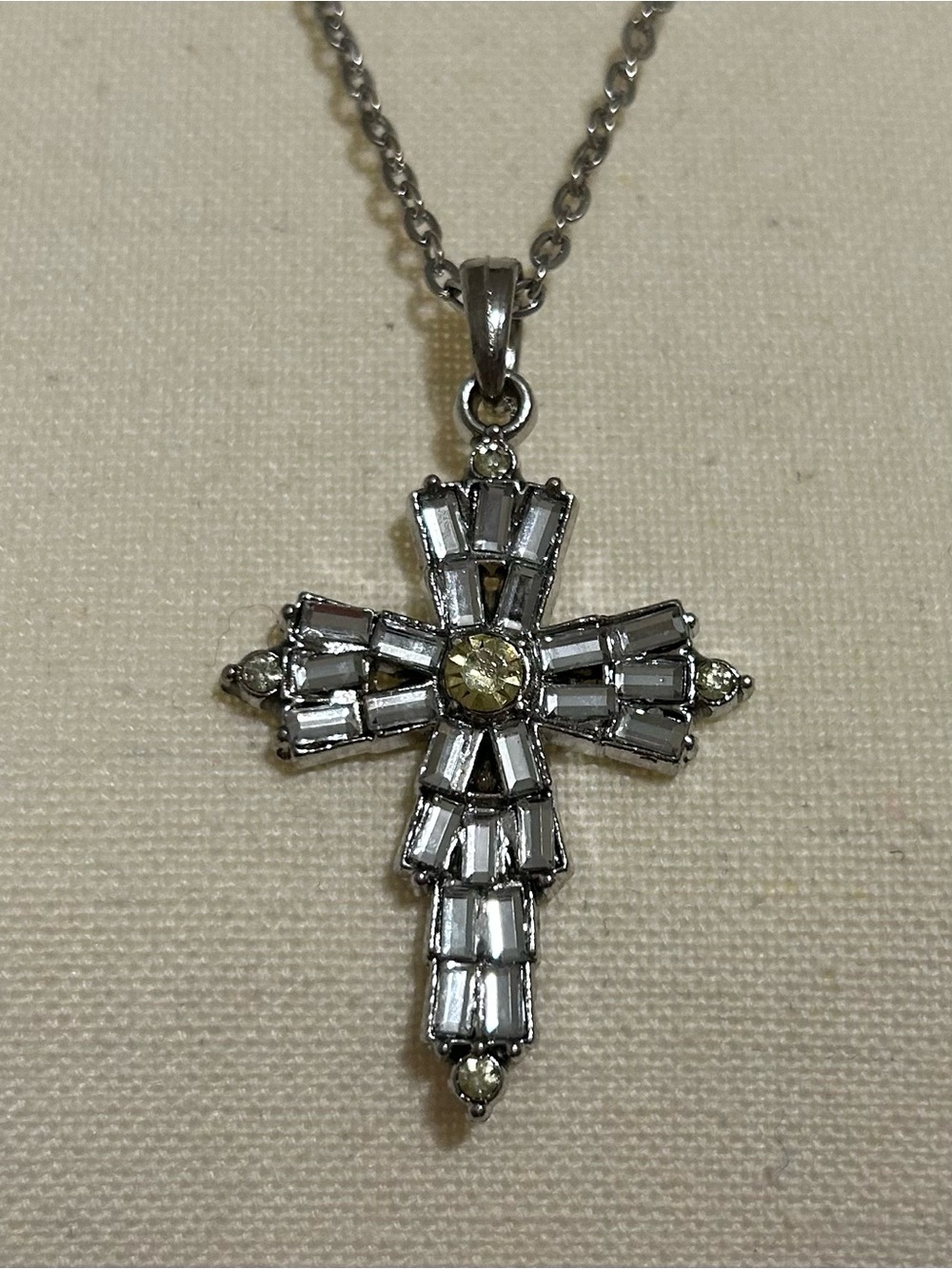 Silver Cross Necklace Costume Jewelry Crystal Baguette Stones Yellow Stone